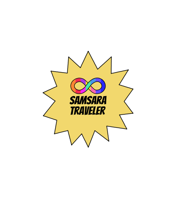 Szamszára utazó minta fehér pólón