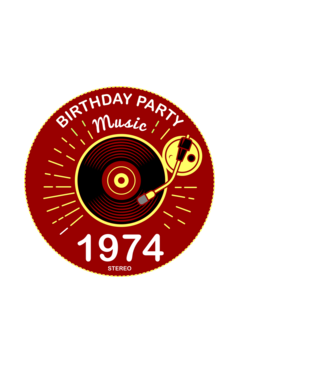 BIRTHDAY PARTY MUSIC, BAKELIT LEMEZJÁTSZÓ 1974 STEREO minta fekete pólón