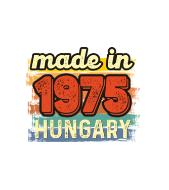 made in hungary felirat, retro évszám, grunge stílus, 1975 minta fehér pólón