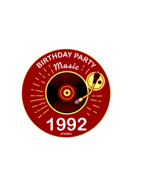 BIRTHDAY PARTY MUSIC, BAKELIT LEMEZJÁTSZÓ 1992 STEREO minta sötétkék pólón