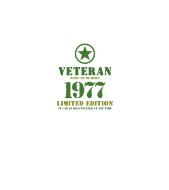 VETERAN, BORN TO BE HERO, SZÜLETÉSNAPI ÉVSZÁM FELIRATTAL 1977 minta fekete pólón