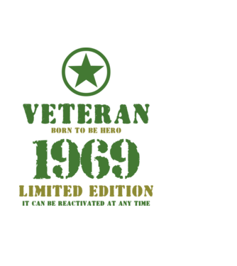 VETERAN, BORN TO BE HERO, SZÜLETÉSNAPI ÉVSZÁM FELIRATTAL 1969 minta fekete pólón