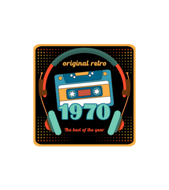 original retro audió kazetta, füles, régi magnókazetta évszámmal. 1970 minta homokszín pólón