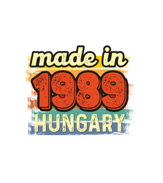 made in hungary felirat, retro évszám, grunge stílus, 1989 minta fehér pólón