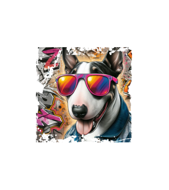 bullterrier napszemüvegben, graffiti minta fehér pólón