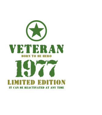 VETERAN, BORN TO BE HERO, SZÜLETÉSNAPI ÉVSZÁM FELIRATTAL 1977 minta fekete pólón