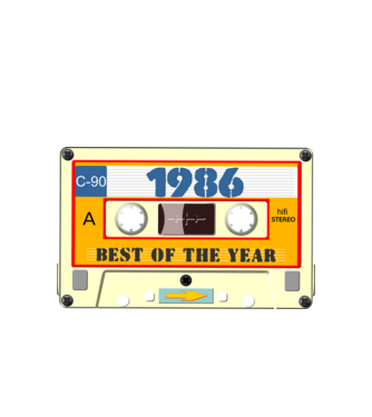 retro születésnapi audio kazetta, magnókazetta, best of the year 1986 minta fehér pólón