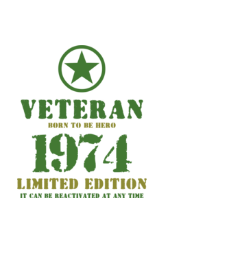 VETERAN, BORN TO BE HERO, SZÜLETÉSNAPI ÉVSZÁM FELIRATTAL 1974 minta fekete pólón