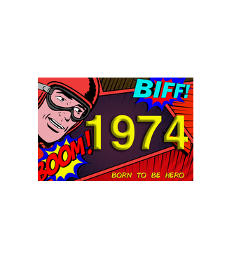 képregény, születésnapi felirat born to be hero , 1974 minta fehér pólón