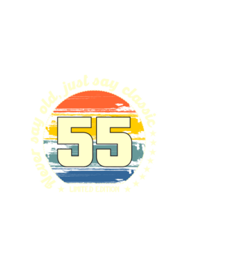 never say old, just say classic, retro, vintage, szülinapi embléma, szám, 55 minta sötétkék pólón