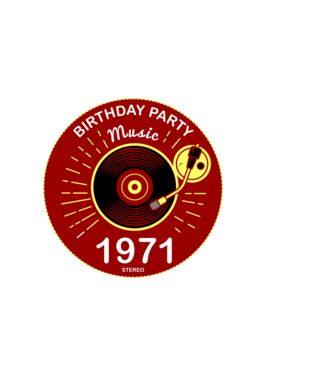 BIRTHDAY PARTY MUSIC, BAKELIT LEMEZJÁTSZÓ 1971 STEREO minta sötétkék pólón