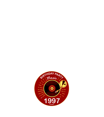 BIRTHDAY PARTY MUSIC, BAKELIT LEMEZJÁTSZÓ 1997 STEREO minta sötétkék pólón