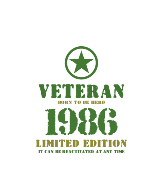 VETERAN, BORN TO BE HERO, SZÜLETÉSNAPI ÉVSZÁM FELIRATTAL 1986 minta fehér pólón