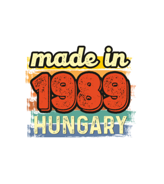 made in hungary felirat, retro évszám, grunge stílus, 1989 minta fehér pólón