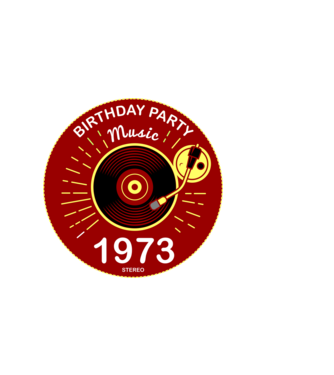 BIRTHDAY PARTY MUSIC, BAKELIT LEMEZJÁTSZÓ 1973 STEREO minta sötétkék pólón