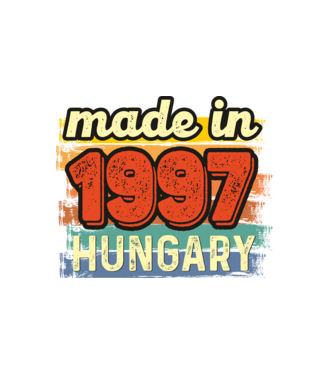 made in hungary felirat, retro évszám, grunge stílus, 1997 minta fehér pólón