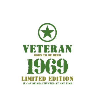 VETERAN, BORN TO BE HERO, SZÜLETÉSNAPI ÉVSZÁM FELIRATTAL 1969 minta fekete pólón