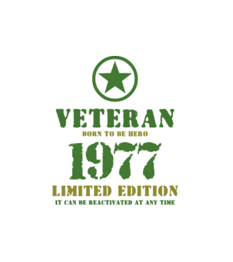 VETERAN, BORN TO BE HERO, SZÜLETÉSNAPI ÉVSZÁM FELIRATTAL 1977 minta fekete pólón