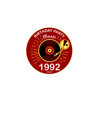 BIRTHDAY PARTY MUSIC, BAKELIT LEMEZJÁTSZÓ 1992 STEREO minta fekete pólón