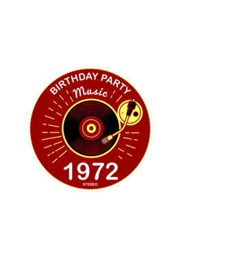 BIRTHDAY PARTY MUSIC, BAKELIT LEMEZJÁTSZÓ 1972 STEREO minta sötétkék pólón