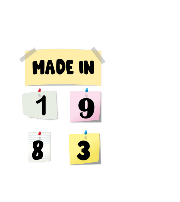 made in , születésnap, post it, cetli, emlékeztető,papír 1983 minta fehér pólón