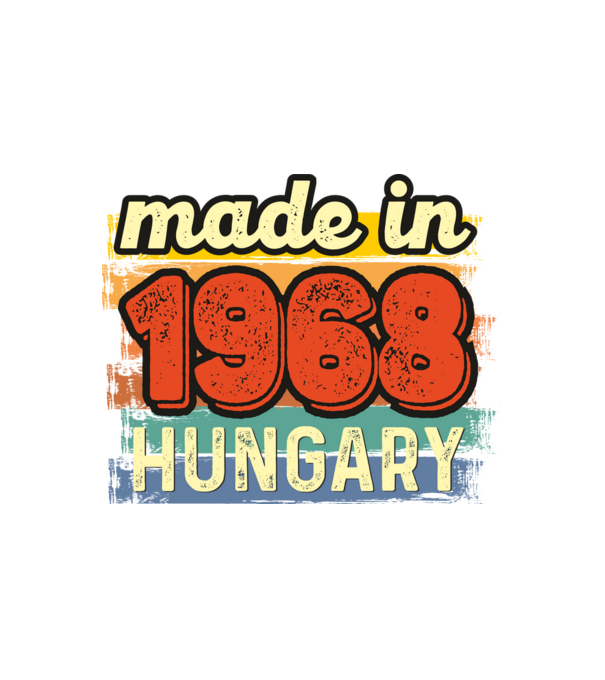 made in hungary felirat, retro évszám, grunge stílus, 1968 minta fehér pólón