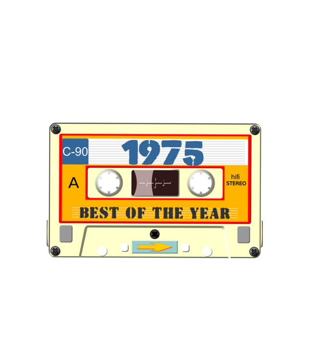 retro születésnapi audio kazetta, magnókazetta, best of the year 1975 minta fehér pólón