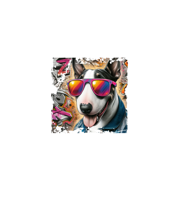 bullterrier napszemüvegben, graffiti minta szürke pólón