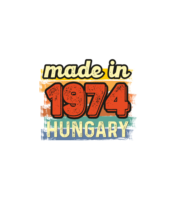 made in hungary felirat, retro évszám, grunge stílus, 1974 minta fehér pólón