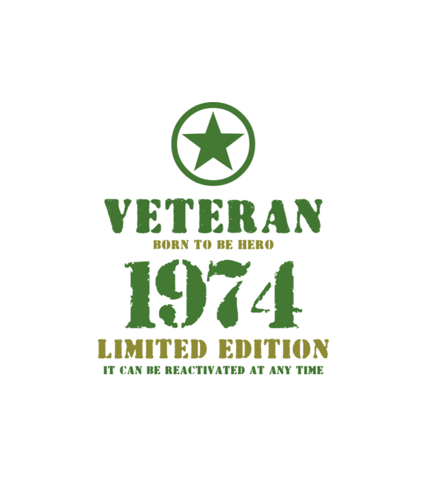 VETERAN, BORN TO BE HERO, SZÜLETÉSNAPI ÉVSZÁM FELIRATTAL 1974 minta fehér pólón