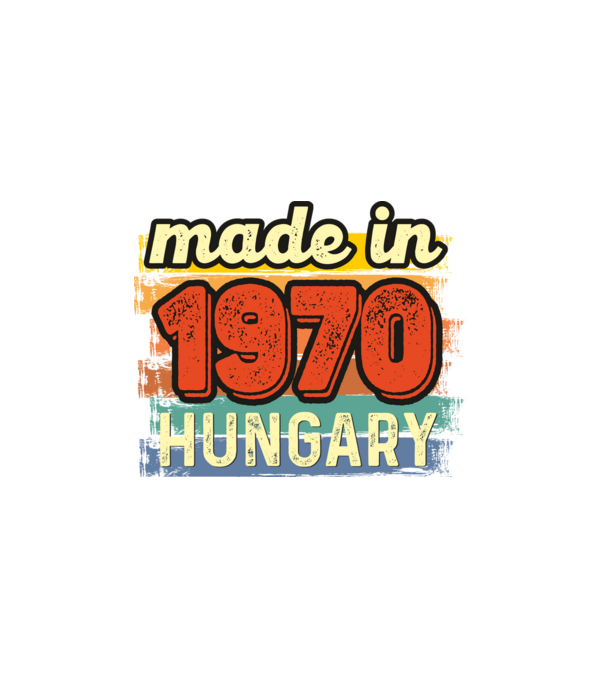 made in hungary felirat, retro évszám, grunge stílus, 1970 minta fehér pólón