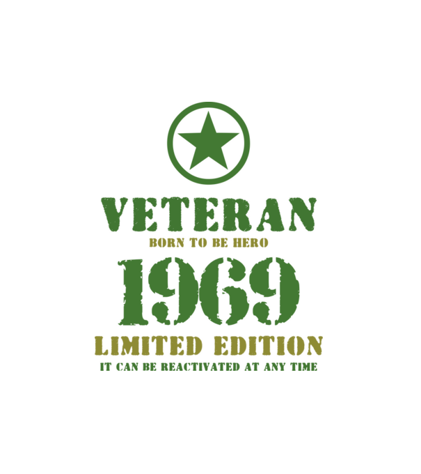 VETERAN, BORN TO BE HERO, SZÜLETÉSNAPI ÉVSZÁM FELIRATTAL 1969 minta fekete pólón