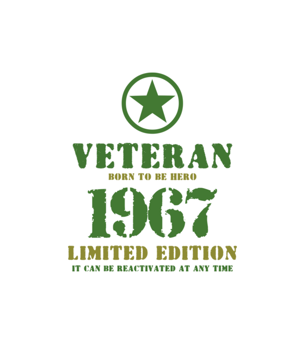 VETERAN, BORN TO BE HERO, SZÜLETÉSNAPI ÉVSZÁM FELIRATTAL 1967 minta fehér pólón