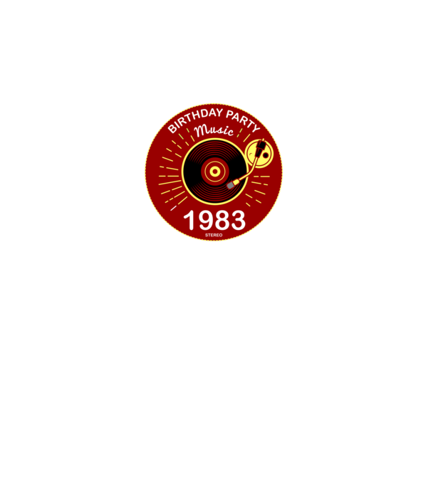 BIRTHDAY PARTY MUSIC, BAKELIT LEMEZJÁTSZÓ 1983 STEREO minta fekete pólón
