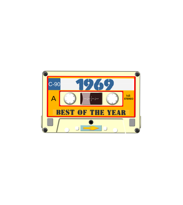 retro születésnapi audio kazetta, magnókazetta, best of the year 1969 minta fekete pólón