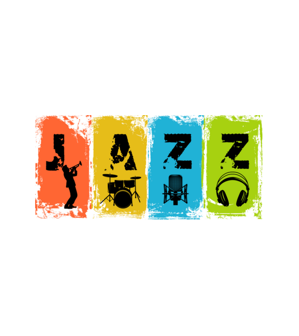 grunge stílusú zene, hangszerek, gitár, dob, ,füles, mikrofon ,jazz minta fehér pólón