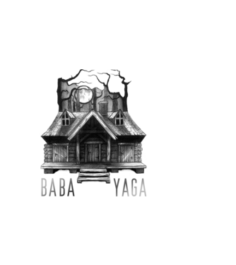 Baba Yaga póló – Sötét szláv faház, boszorkányos erdő, Witcher ihlette dizájn minta sötétkék pólón