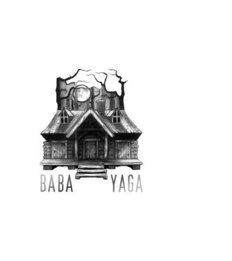 Baba Yaga póló – Sötét szláv faház, boszorkányos erdő, Witcher ihlette dizájn minta fekete pólón