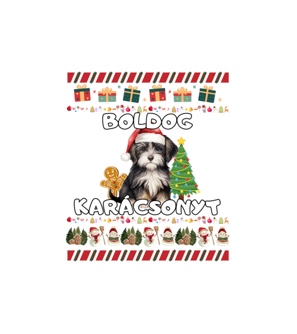 Boldog karácsonyt csúnya pulcsi kutyával minta fehér pólón