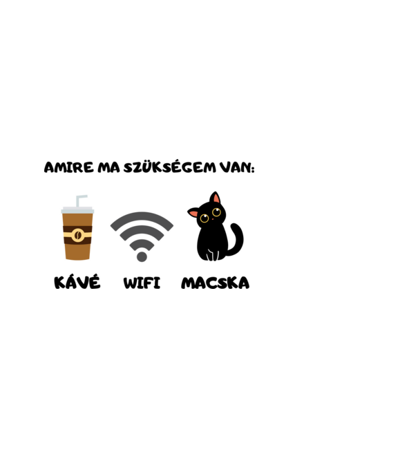 Amire ma szükségem van: kávé, wifi, macska minta fehér pólón