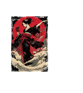Japán stílusú illusztráció - Gésa minta fekete pólón