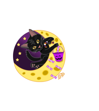 Fekete Halloweeni Cica minta sötétkék pólón