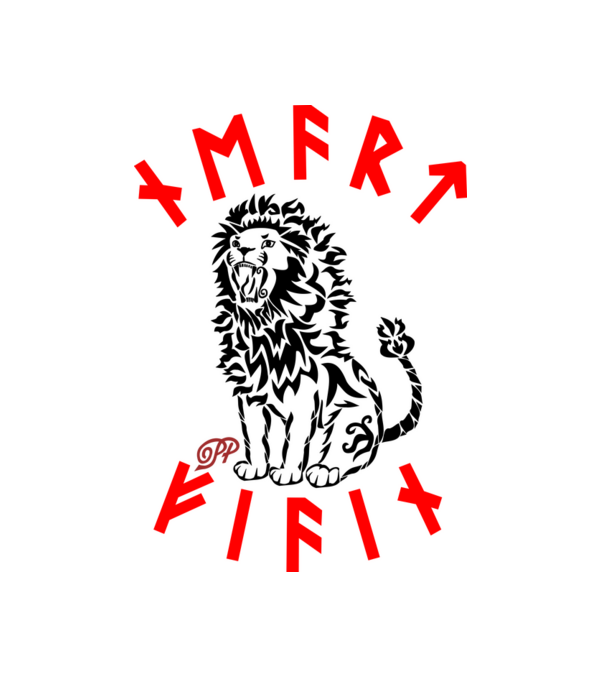 Tribal Oroszlán Rúnákkal minta fehér pólón