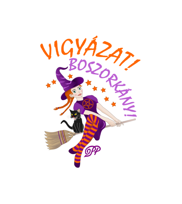 Vigyázat Boszorkány minta fehér pólón