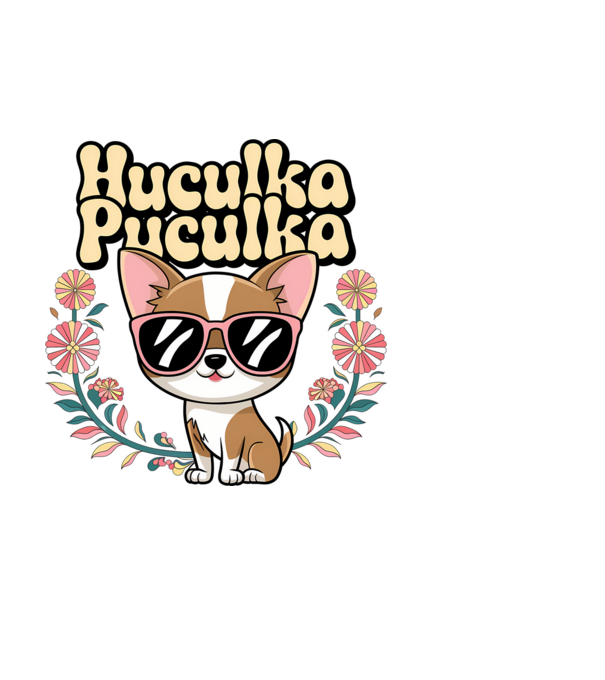 Huculka Puculka kutya 1 minta fehér pólón