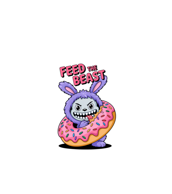 Feed the beast - Labubu póló minta fehér pólón