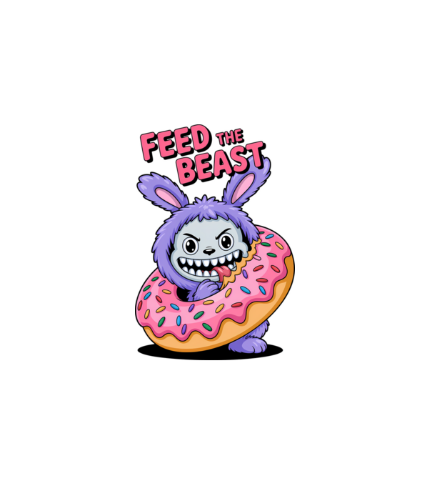 Feed the beast - Labubu póló minta fehér pólón