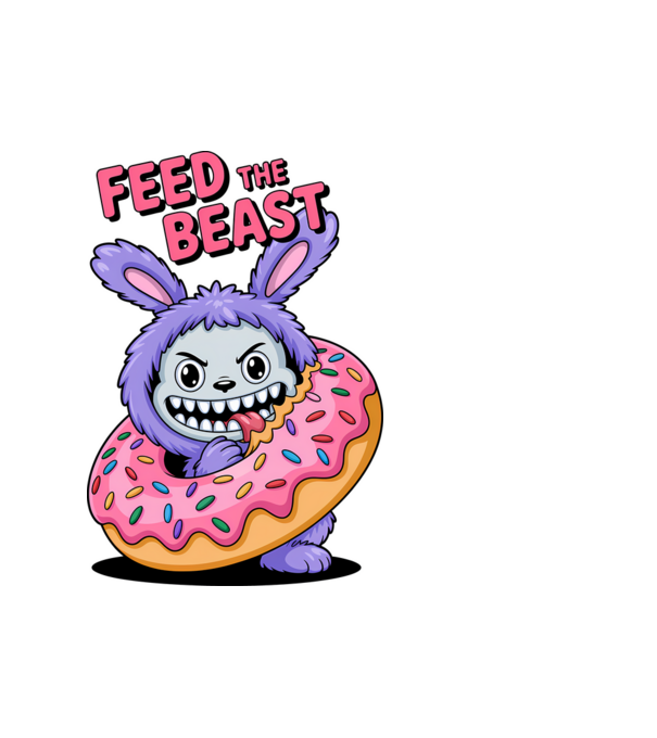 Feed the beast - Labubu póló minta fehér pólón