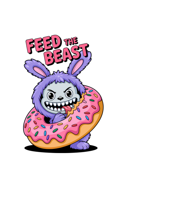 Feed the beast - Labubu póló minta fekete pólón