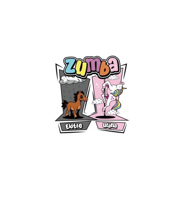 Unikornis Zumba előtte utána minta világos rózsaszín pólón